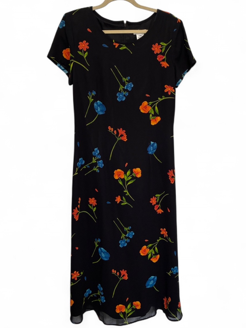 Vintage Talbots Black Floral Short Sleeve Dress with Blue & Orange Blooms